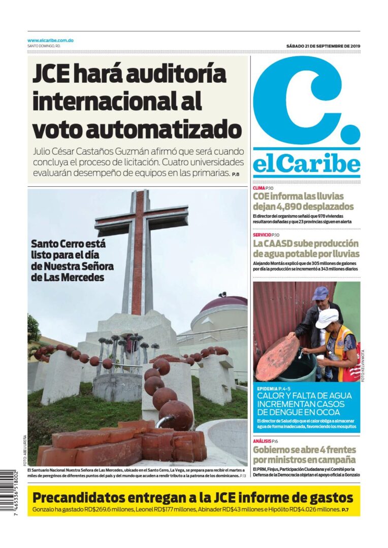 Portada Periódico El Caribe, Sábado 21 de Septiembre, 2019