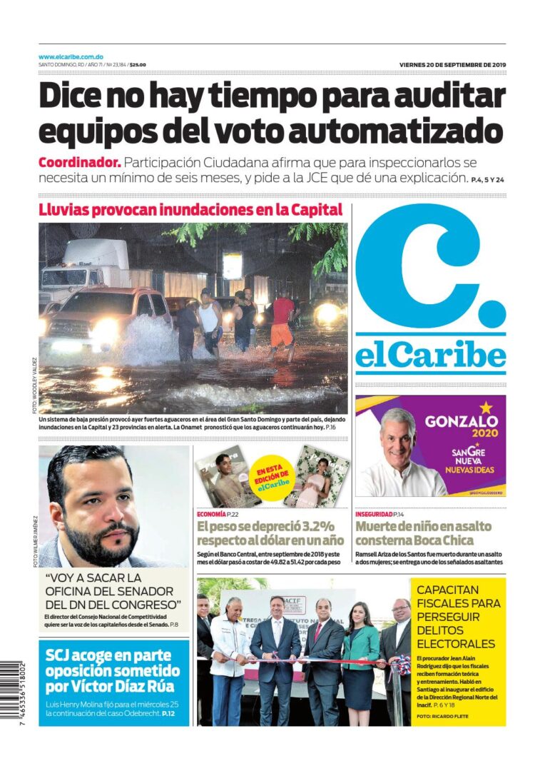 Portada Periódico El Caribe, Viernes 20 de Septiembre, 2019