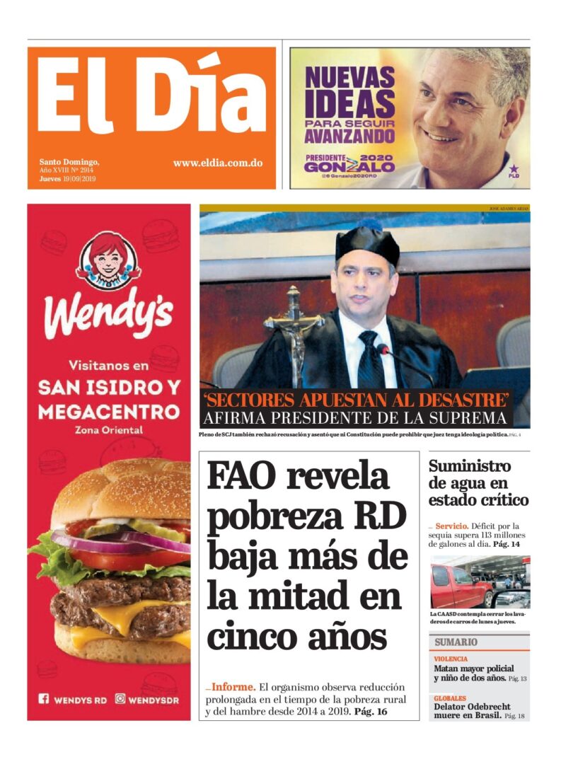 Portada Periódico El Día, Jueves 19 de Septiembre, 2019
