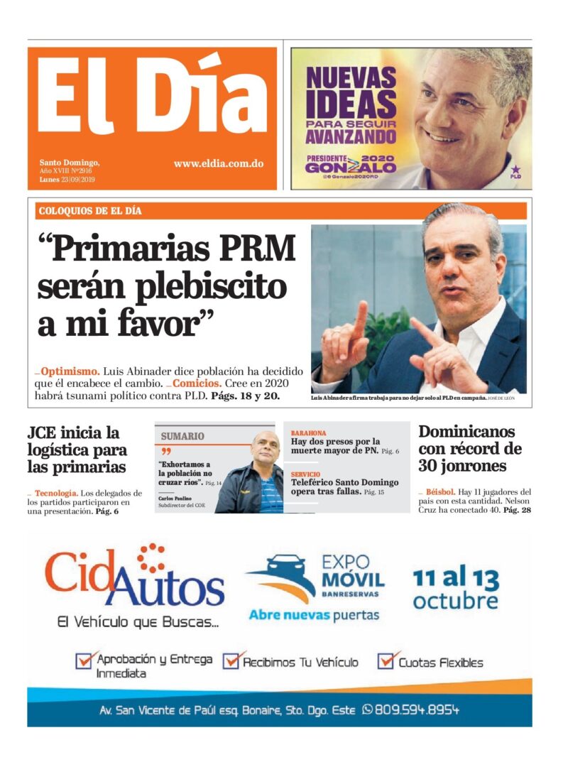 Portada Periódico El Día, Jueves 26 de Septiembre, 2019