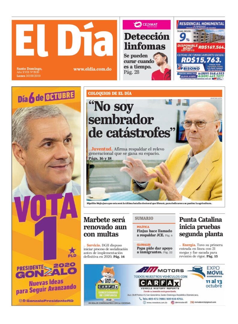 Portada Periódico El Día, Lunes 30 de Septiembre, 2019