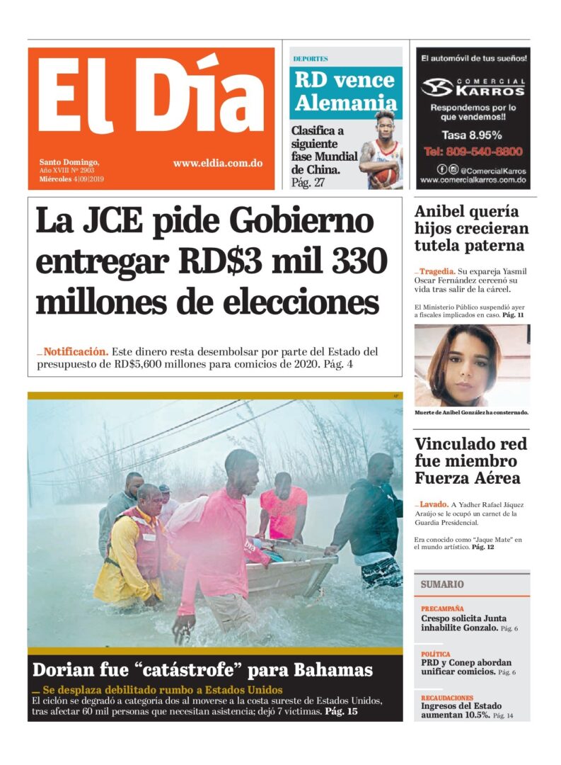 Portada Periódico El Día, Miércoles 04 de Septiembre, 2019