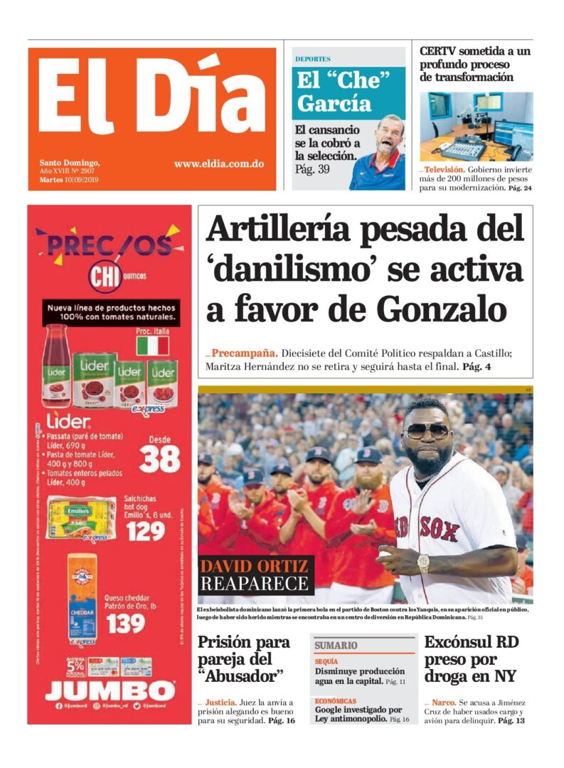 Portada Periódico El Día, Miércoles 11 de Septiembre, 2019