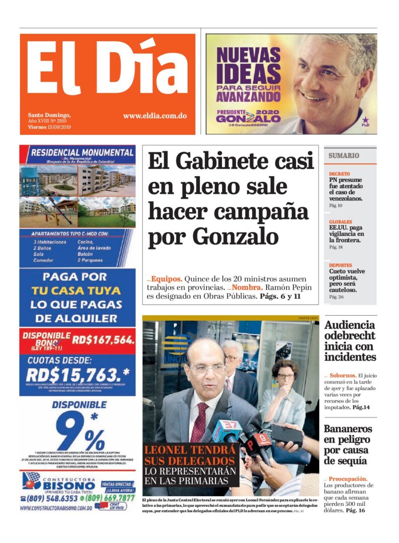 Portada Periódico El Día, Viernes 13 de Septiembre, 2019