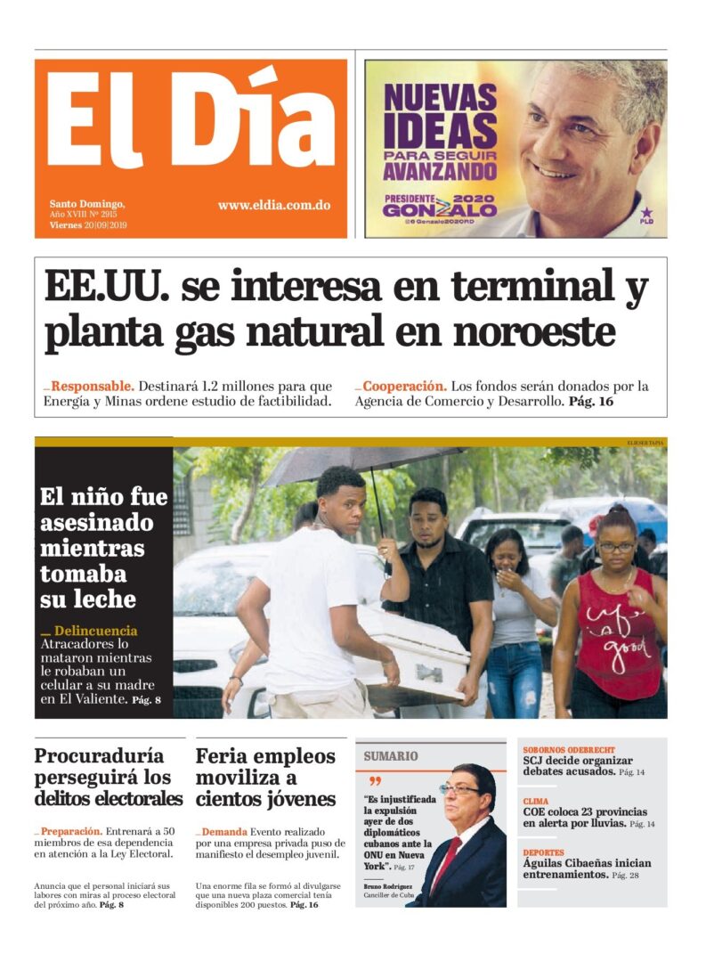 Portada Periódico El Día, Viernes 20 de Septiembre, 2019