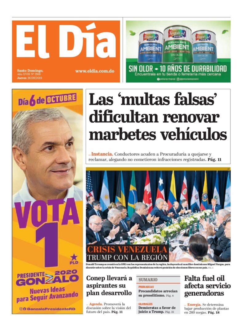 Portada Periódico El Día, Viernes 27 de Septiembre, 2019