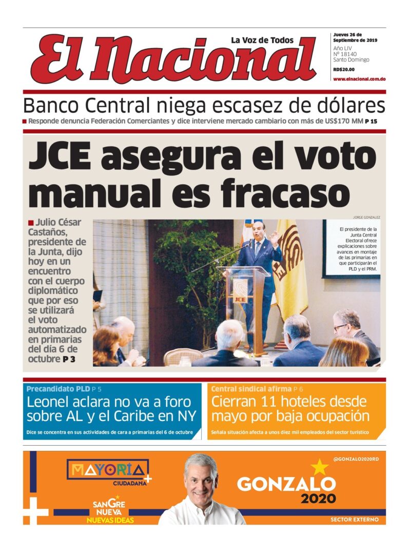 Portada Periódico El Nacional, Jueves 26 de Septiembre, 2019