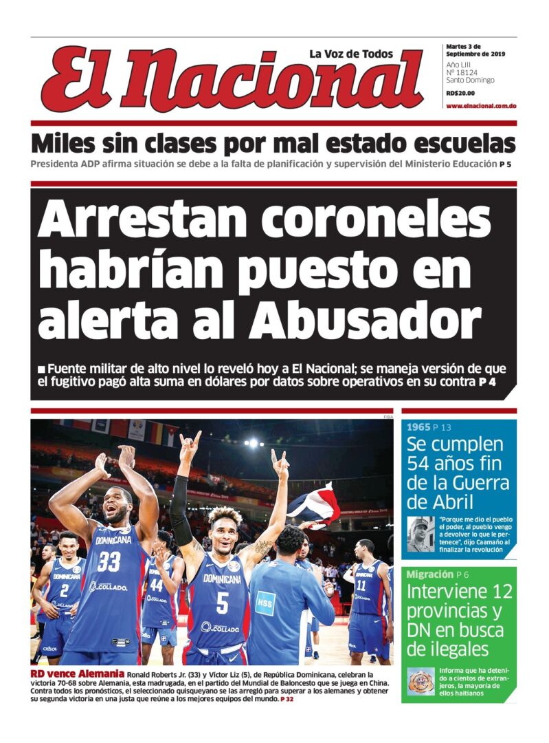 Portada Periódico El Nacional, Martes 03 de Septiembre, 2019