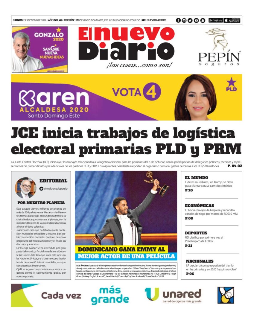 Portada Periódico El Nuevo Diario, Lunes 23 de Septiembre, 2019