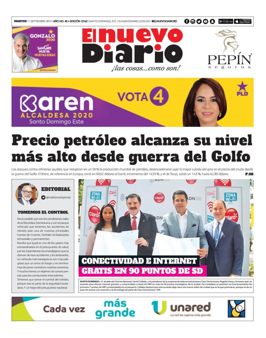Portada Periódico El Nuevo Diario, Martes 17 de Septiembre, 2019