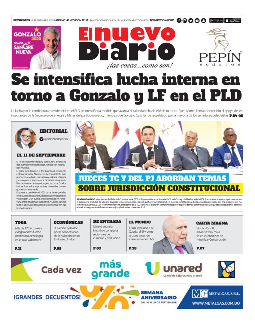 Portada Periódico El Nuevo Diario, Miércoles 11 de Septiembre, 2019