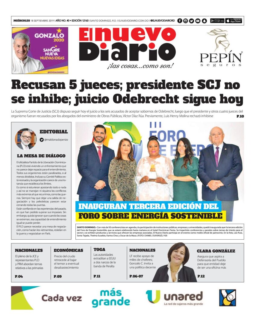 Portada Periódico El Nuevo Diario, Miércoles 18 de Septiembre, 2019