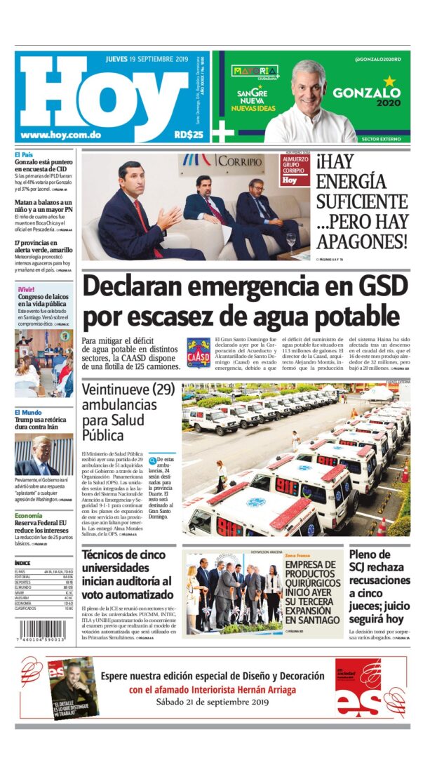 Portada Periódico Hoy, Jueves 19 de Septiembre, 2019
