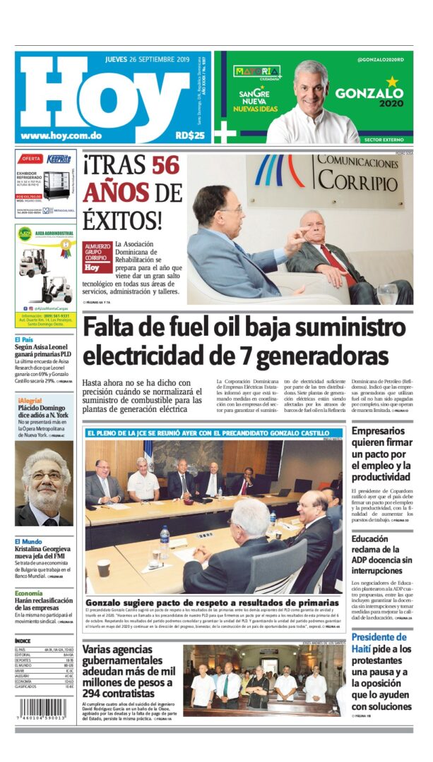Portada Periódico Hoy, Jueves 26 de Septiembre, 2019