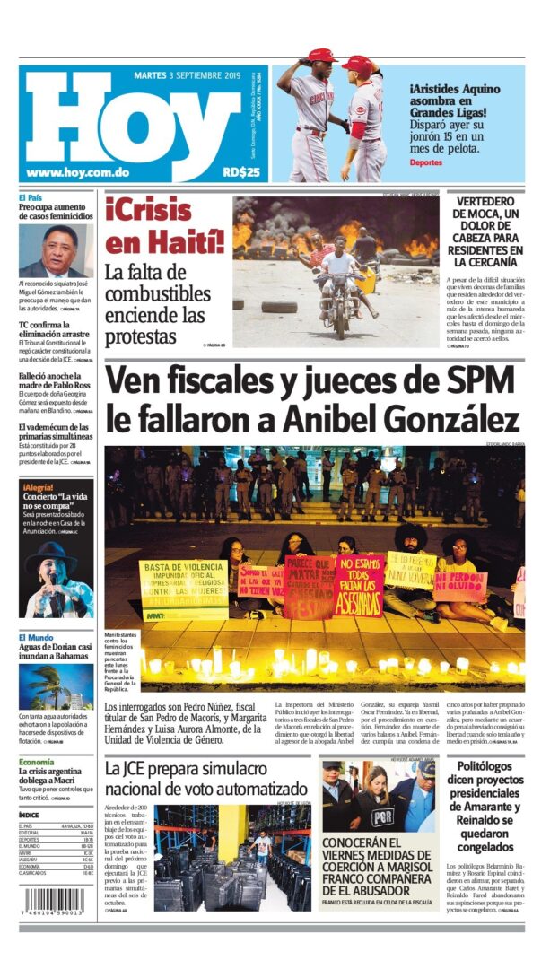 Portada Periódico Hoy, Martes 03 de Septiembre, 2019