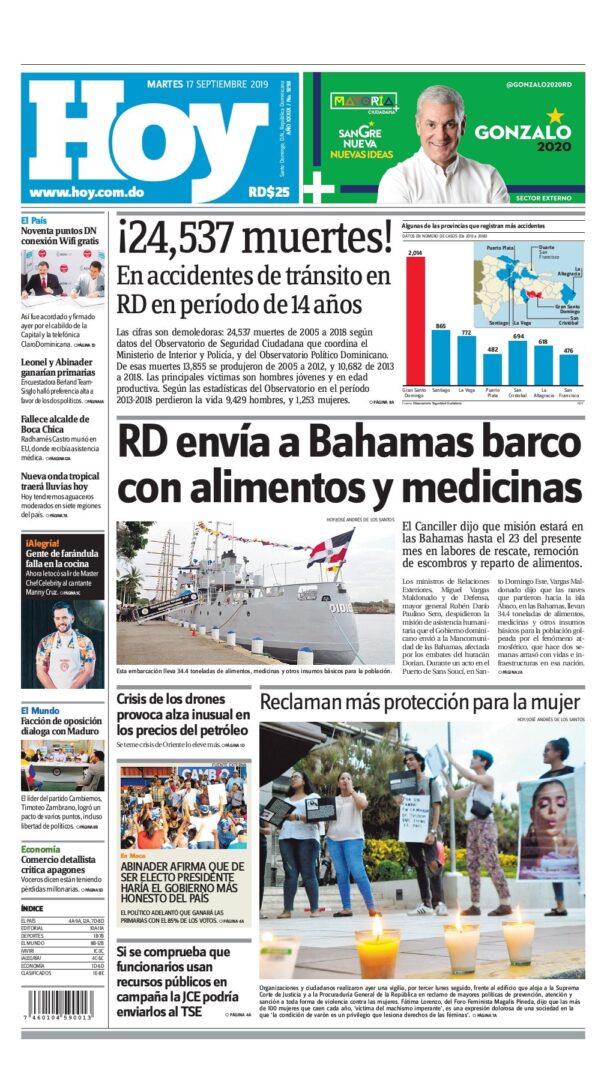Portada Periódico Hoy, Martes 17 de Septiembre, 2019