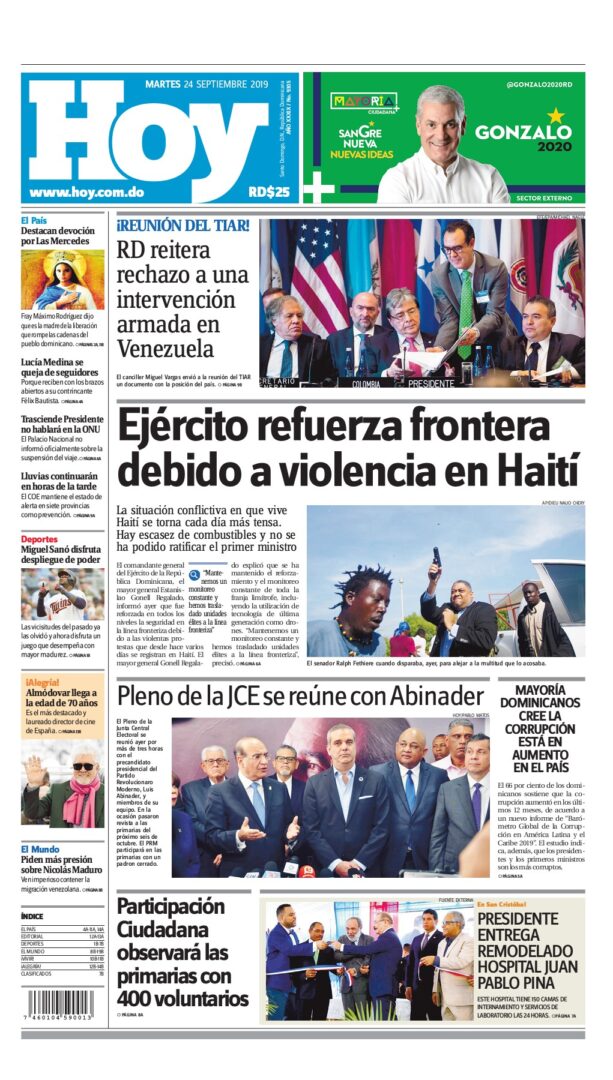 Portada Periódico Hoy, Martes 24 de Septiembre, 2019