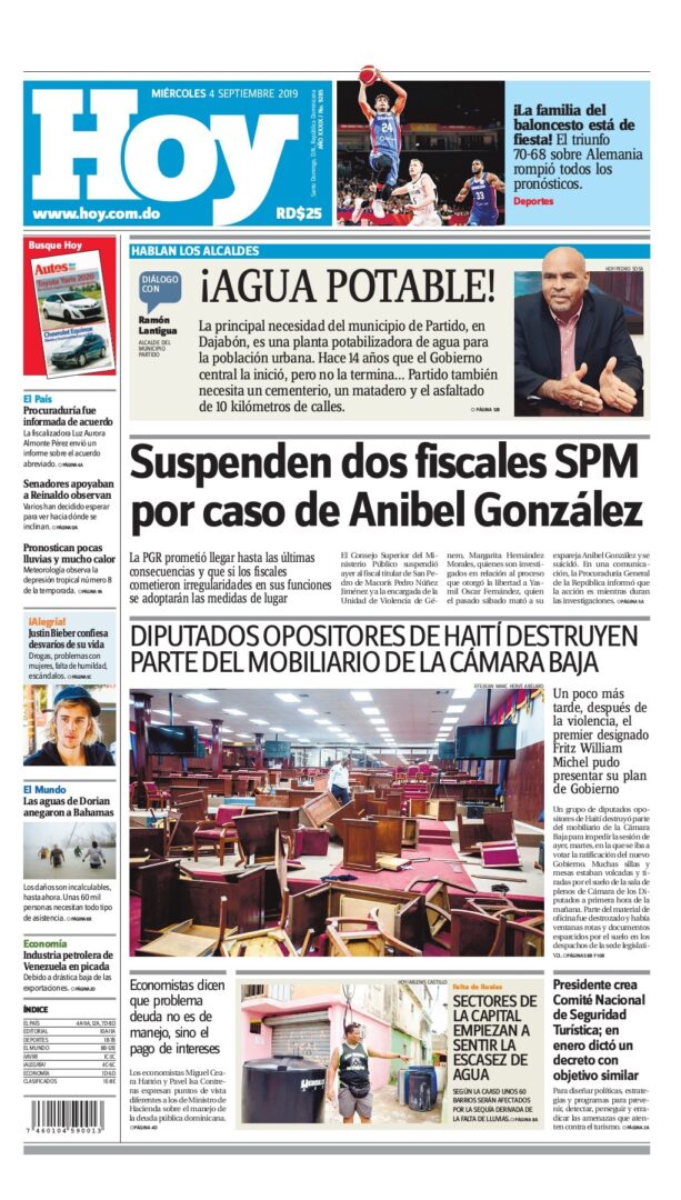 Portada Periódico Hoy, Miércoles 04 de Septiembre, 2019