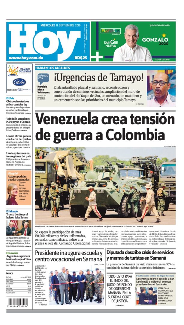 Portada Periódico Hoy, Miércoles 11 de Septiembre, 2019