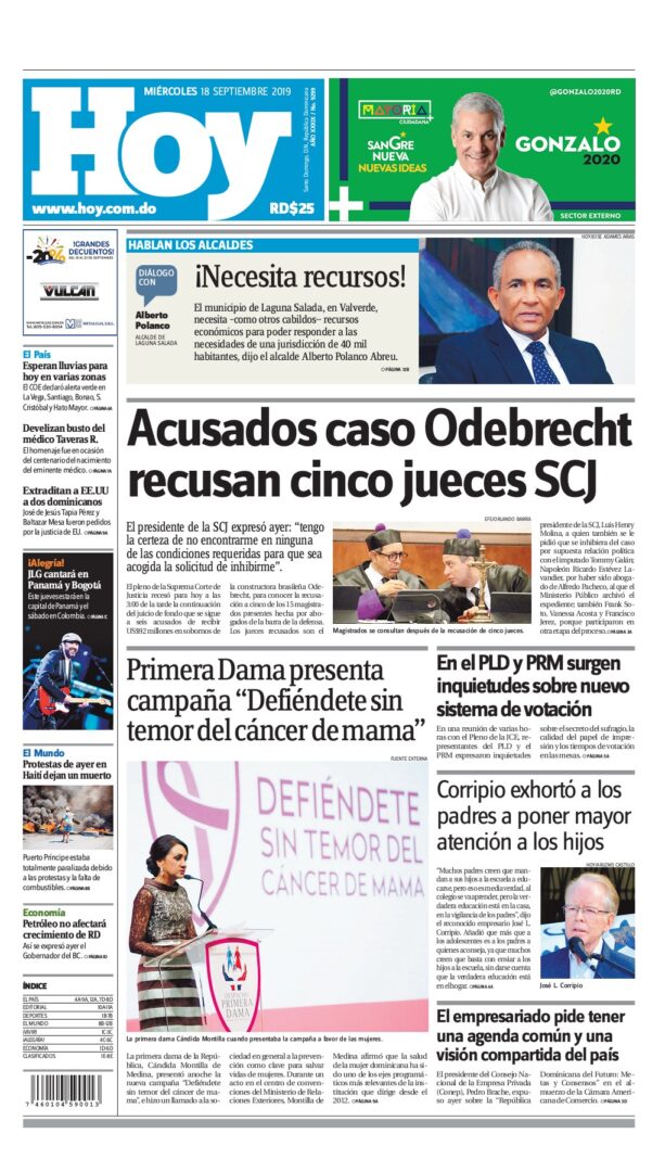 Portada Periódico Hoy, Miércoles 18 de Septiembre, 2019