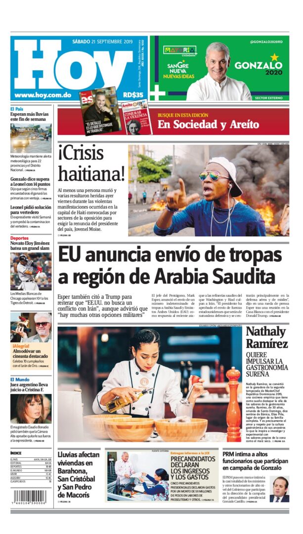 Portada Periódico Hoy, Sábado 21 de Septiembre, 2019