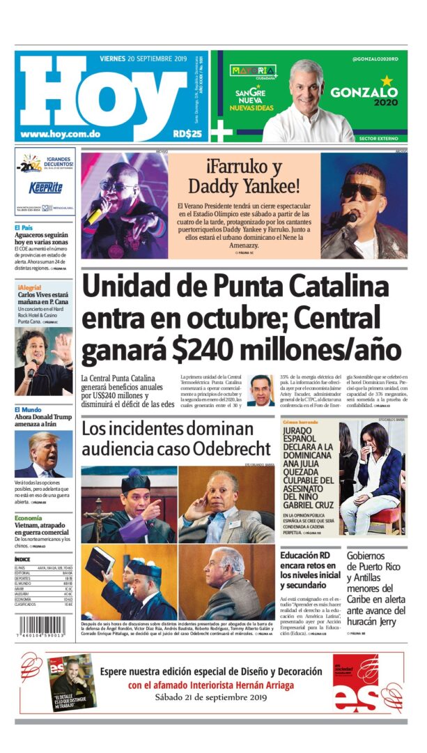 Portada Periódico Hoy, Viernes 20 de Septiembre, 2019