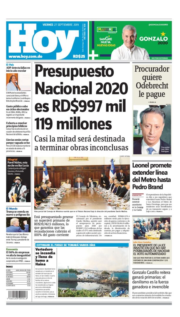Portada Periódico Hoy, Viernes 27 de Septiembre, 2019