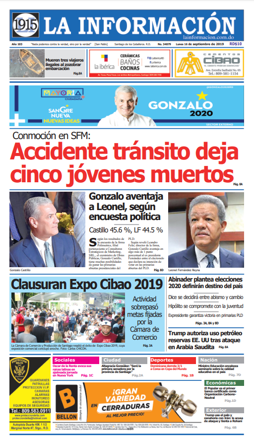 Portada Periódico La Información, Lunes 16 de Septiembre, 2019