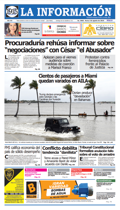 Portada Periódico La Información, Martes 03 de Septiembre, 2019
