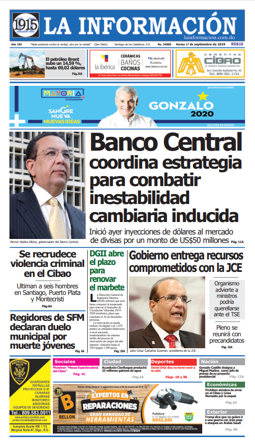 Portada Periódico La Información, Martes 17 de Septiembre, 2019