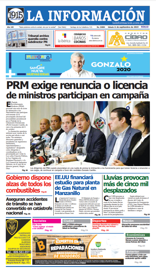 Portada Periódico La Información, Sábado 21 de Septiembre, 2019