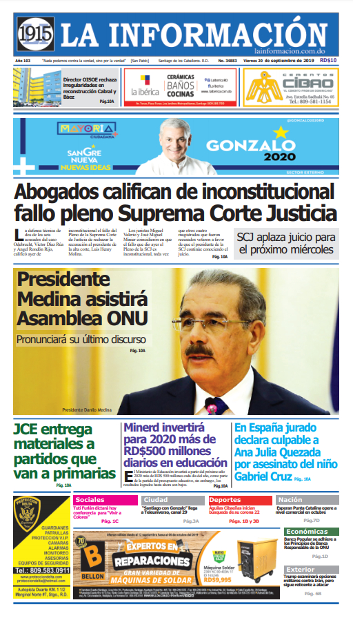 Portada Periódico La Información, Viernes 20 de Septiembre, 2019