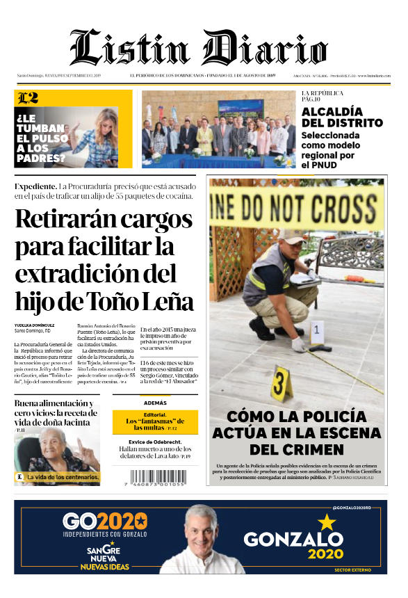 Portada Periódico Listín Diario, Jueves 19 de Septiembre, 2019