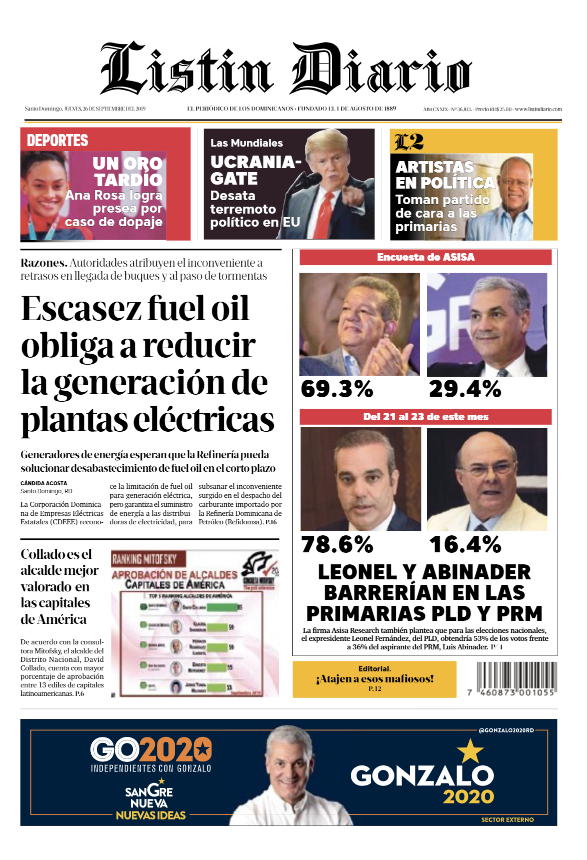 Portada Periódico Listín Diario, Jueves 26 de Septiembre, 2019