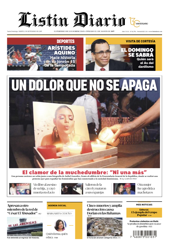 Portada Periódico Listín Diario, Martes 03 de Septiembre, 2019