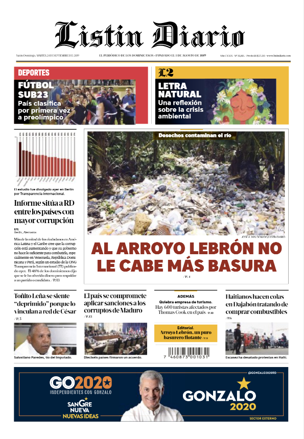 Portada Periódico Listín Diario, Martes 24 de Septiembre, 2019