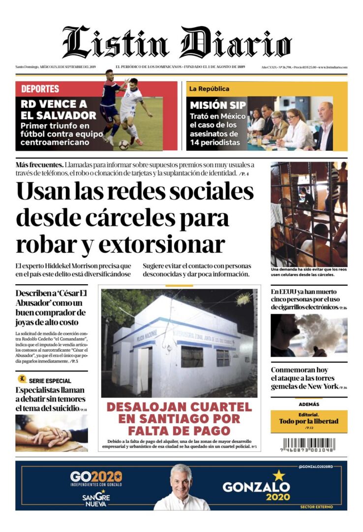 Portada Periódico Listín Diario, Miércoles 11 de Septiembre, 2019