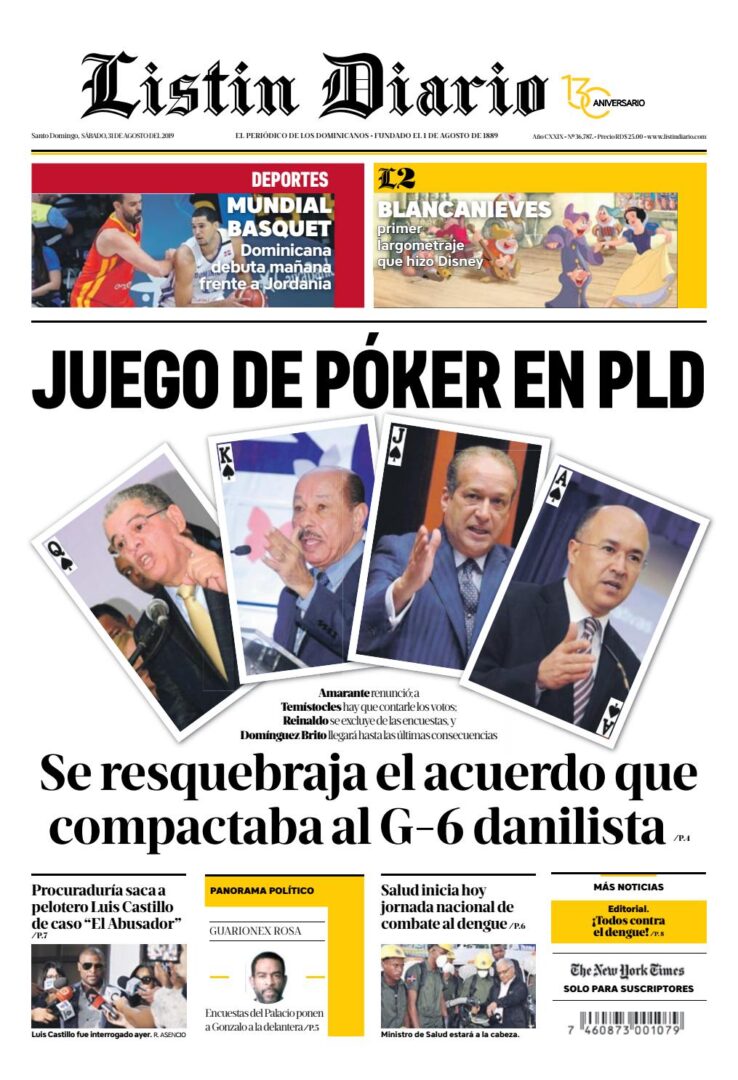 Portada Periódico Listín Diario, Sábado 30 de Agosto, 2019