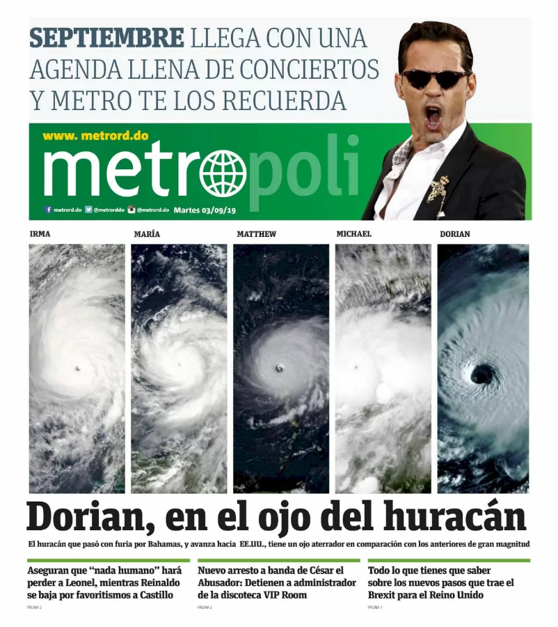 Portada Periódico Metro, Martes 03 de Septiembre, 2019