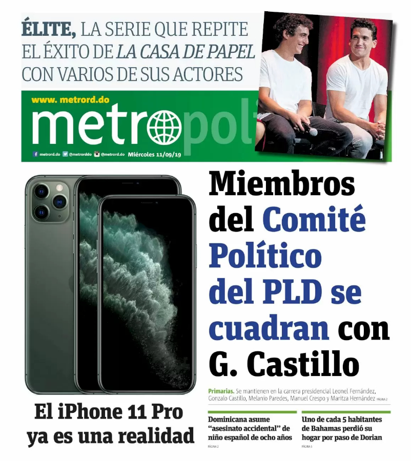 Portada Periódico Metro, Miércoles 11 de Septiembre, 2019