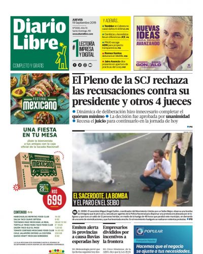 Portada Periódico Diario Libre, Jueves 19 de Septiembre, 2019