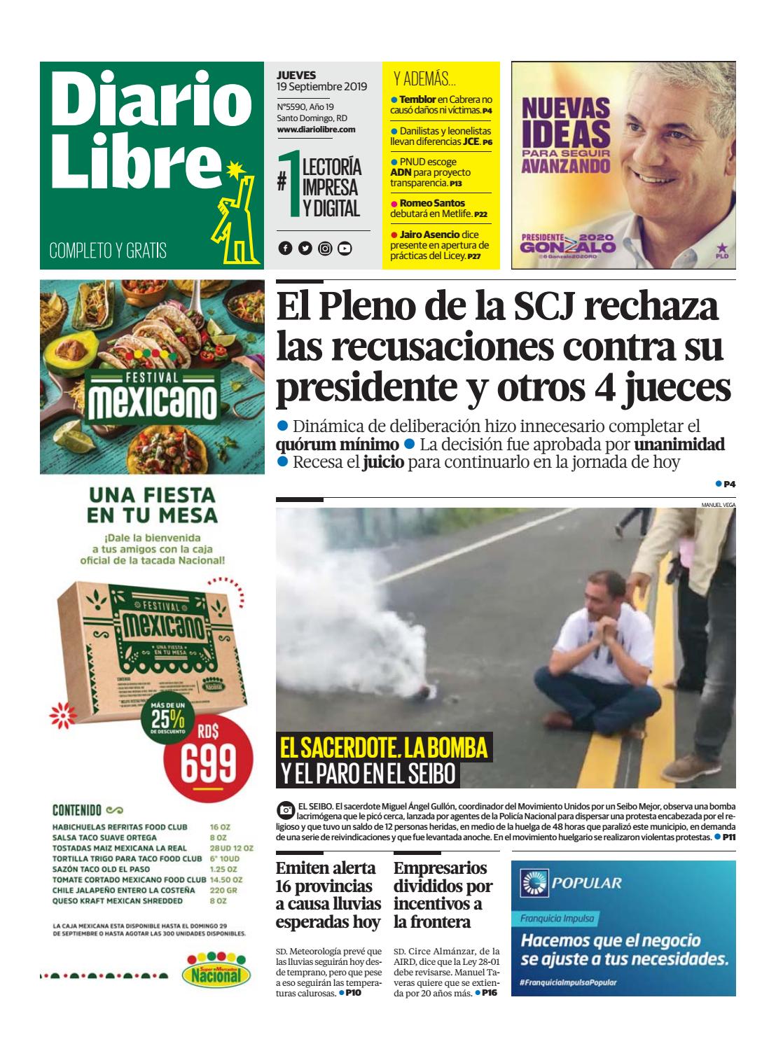 Portada Periódico Diario Libre, Jueves 19 de Septiembre, 2019