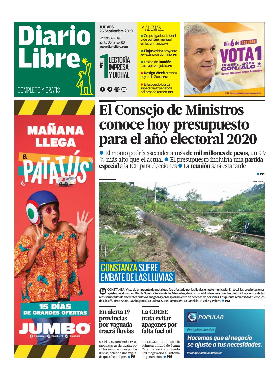 Portada Periódico Diario Libre, Jueves 26 de Septiembre, 2019