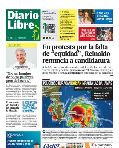 Portada Periódico Diario Libre, Lunes 02 de Septiembre, 2019
