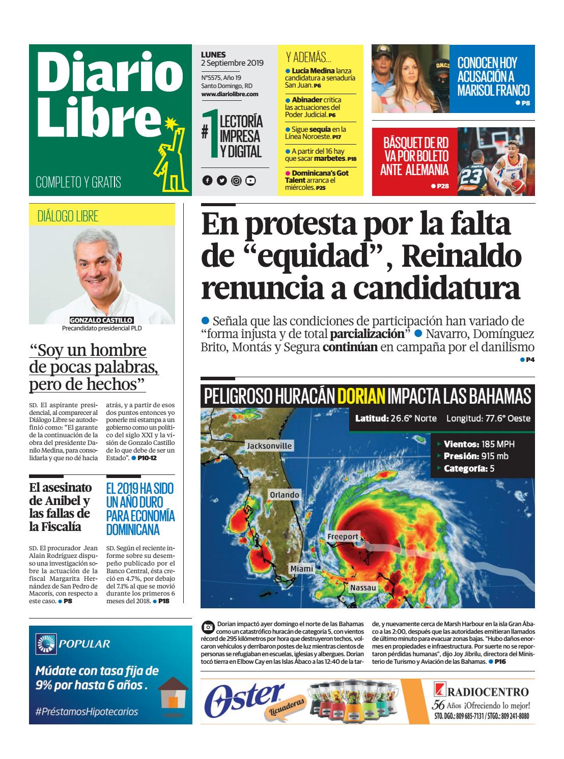 Portada Periódico Diario Libre, Lunes 02 de Septiembre, 2019