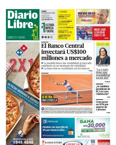 Portada Periódico Diario Libre, Lunes 16 de Septiembre, 2019
