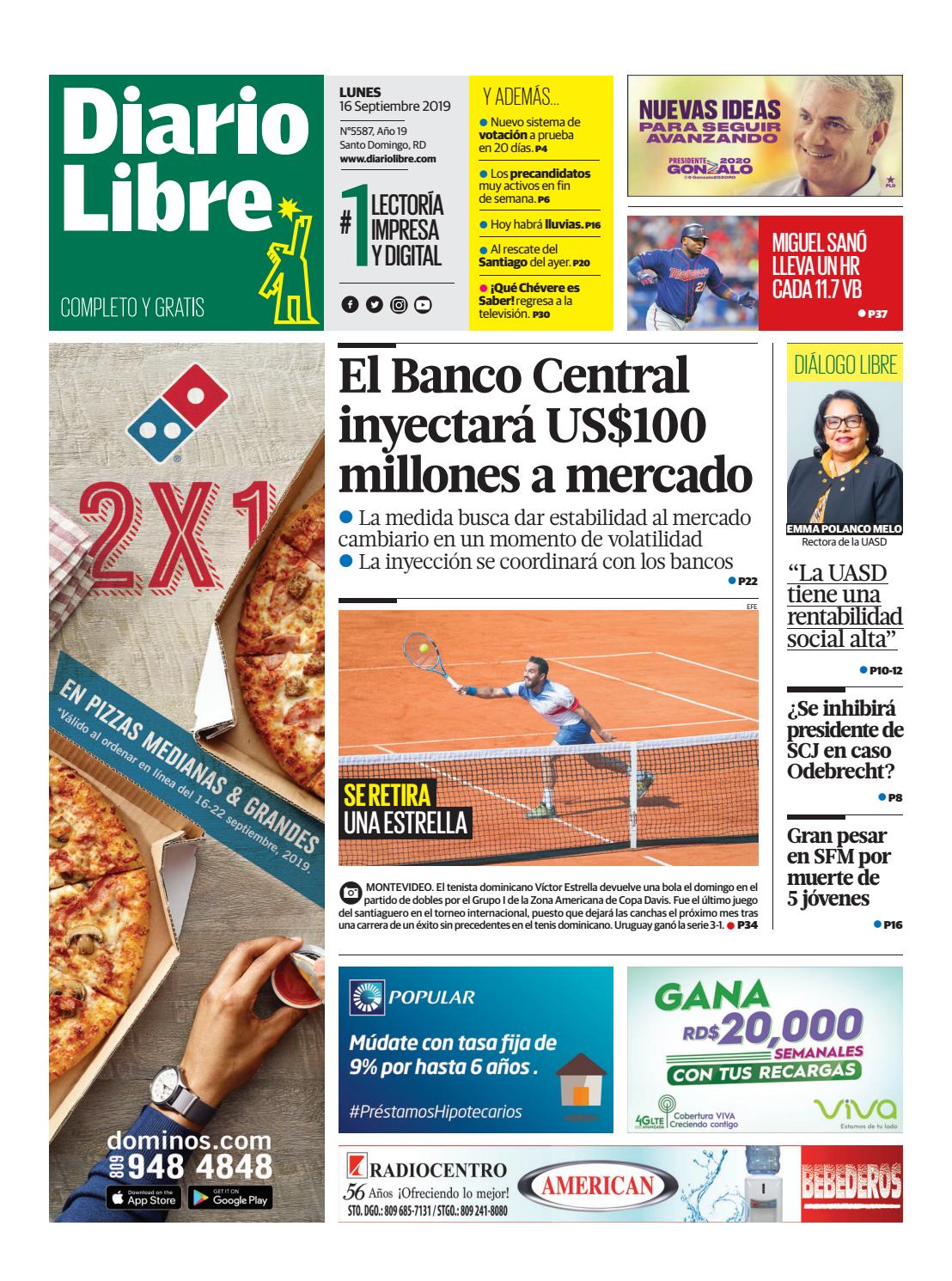 Portada Periódico Diario Libre, Lunes 16 de Septiembre, 2019