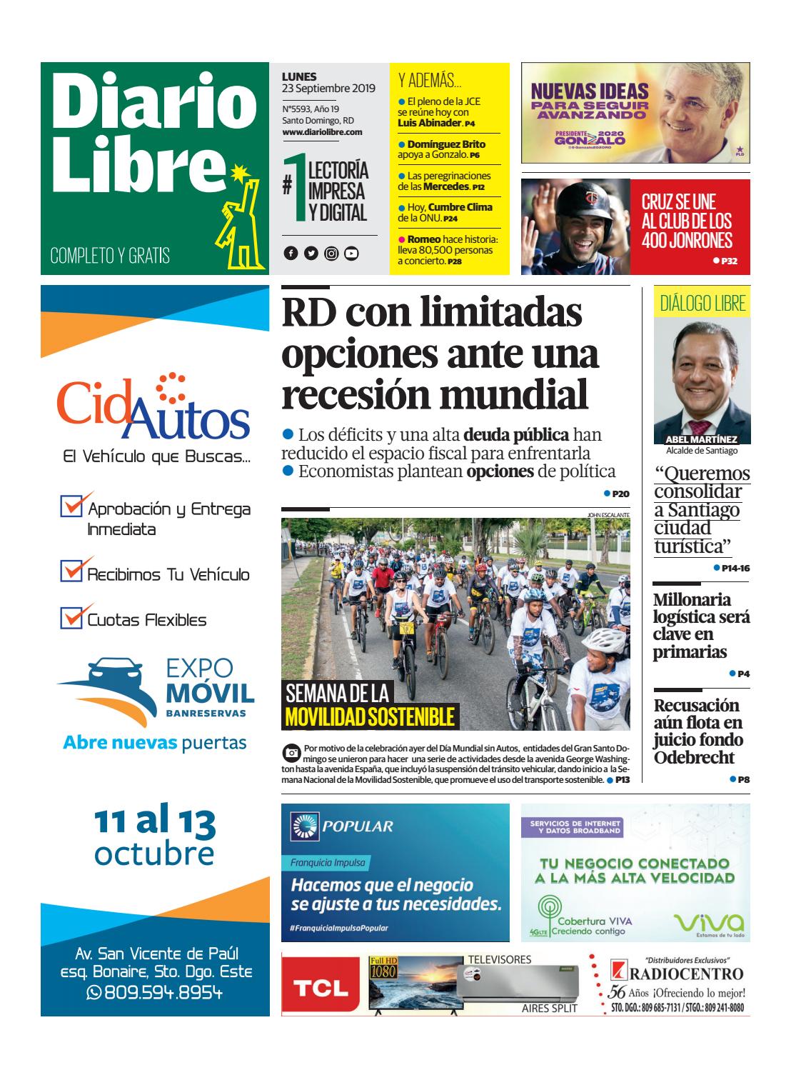 Portada Periódico Diario Libre, Lunes 23 de Septiembre, 2019