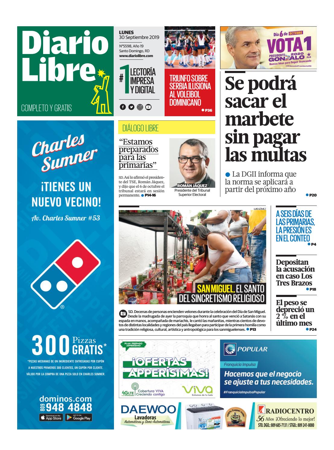 Portada Periódico Diario Libre, Lunes 30 de Septiembre, 2019