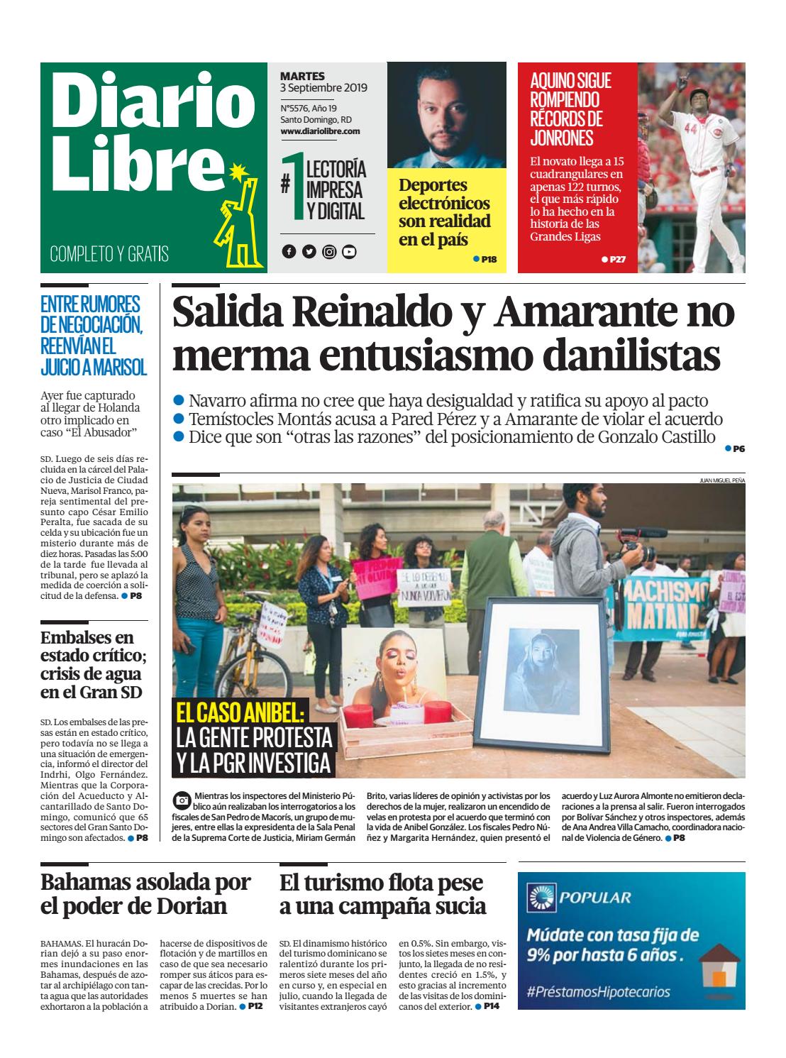 Portada Periódico Diario Libre, Martes 03 de Septiembre, 2019